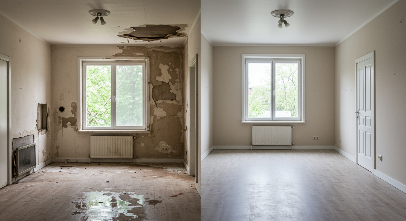 A split image showing a room before and after water damage restoration. The 'before' side displays severe water damage, while the 'after' side shows a fully restored, clean, and dry room.