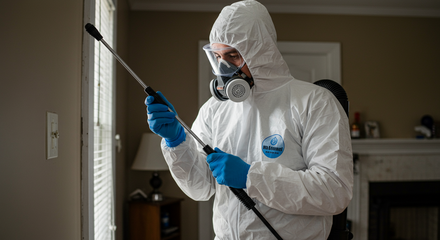 A certified mold removal technician wearing protective gear carefully inspecting and treating a mold-affected area in a residential home.