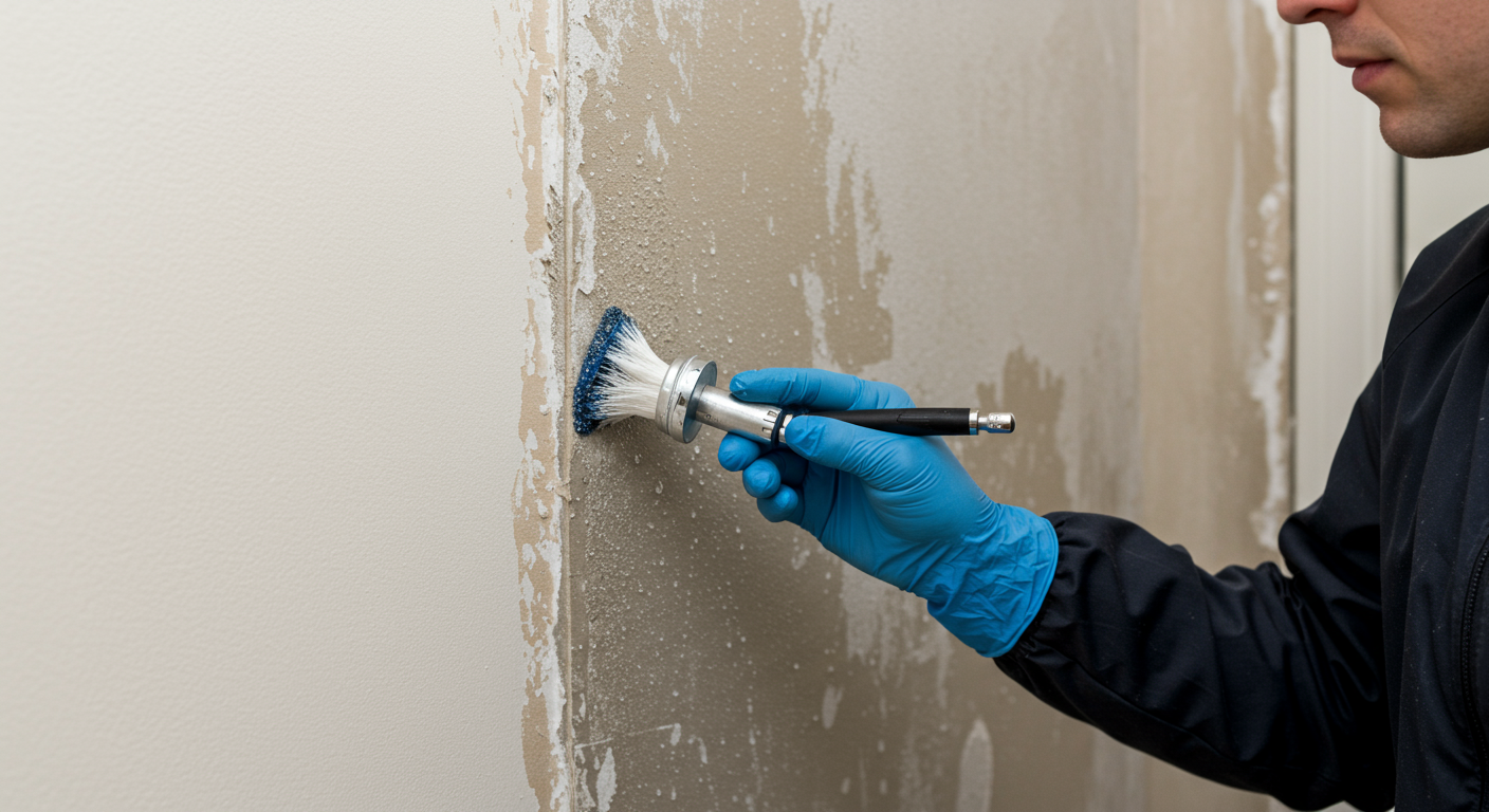 A close-up of a technician applying an anti-mold solution to a wall. The wall is partially repaired, showing the transition from water damage to restoration.