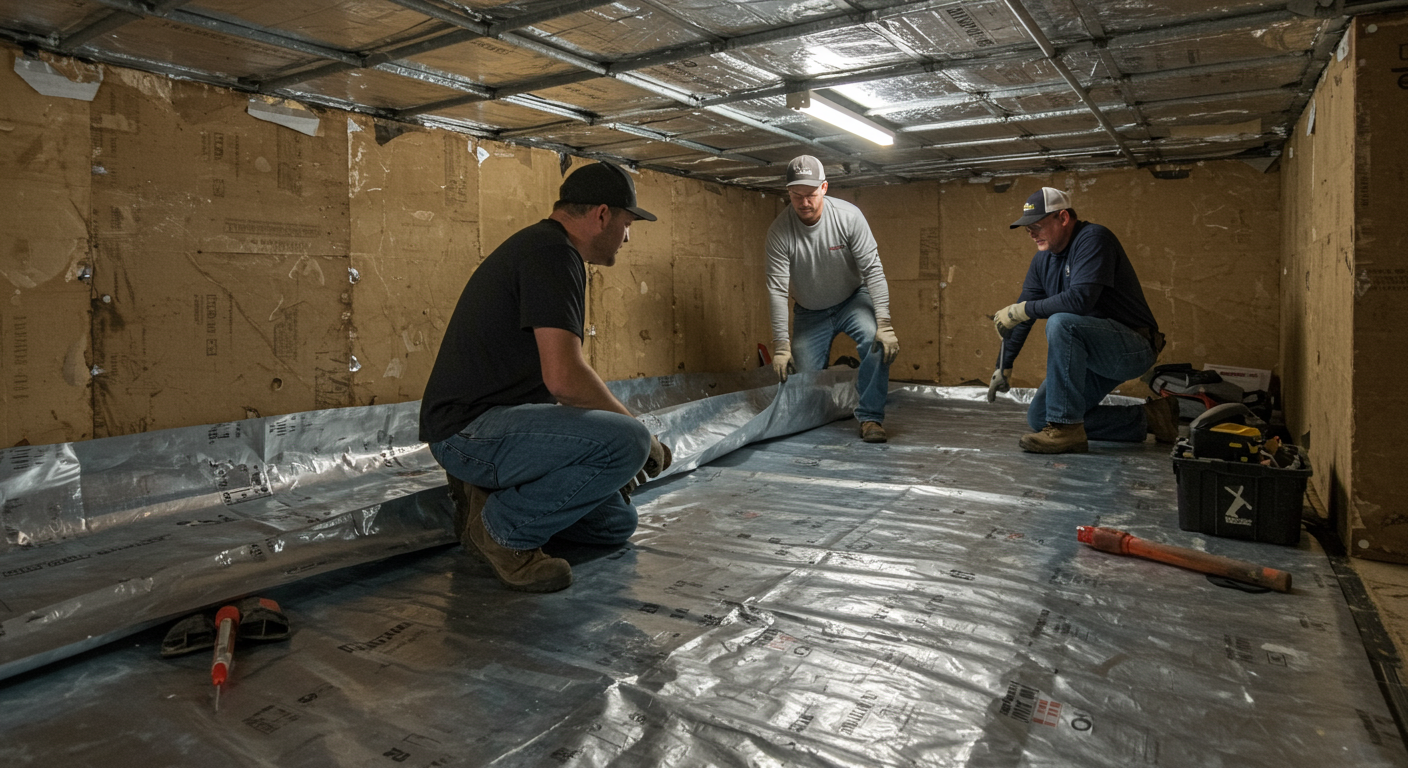 A team of professionals installing a vapor barrier in a crawl space. The image highlights the use of high-quality materials and tools, emphasizing expertise and professionalism.