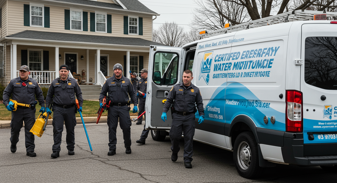 A team of certified water mitigation technicians arriving at a Lansing, MI property in a branded van. The technicians are equipped with tools and wearing uniforms, ready to provide emergency services. The image emphasizes professionalism and quick response.