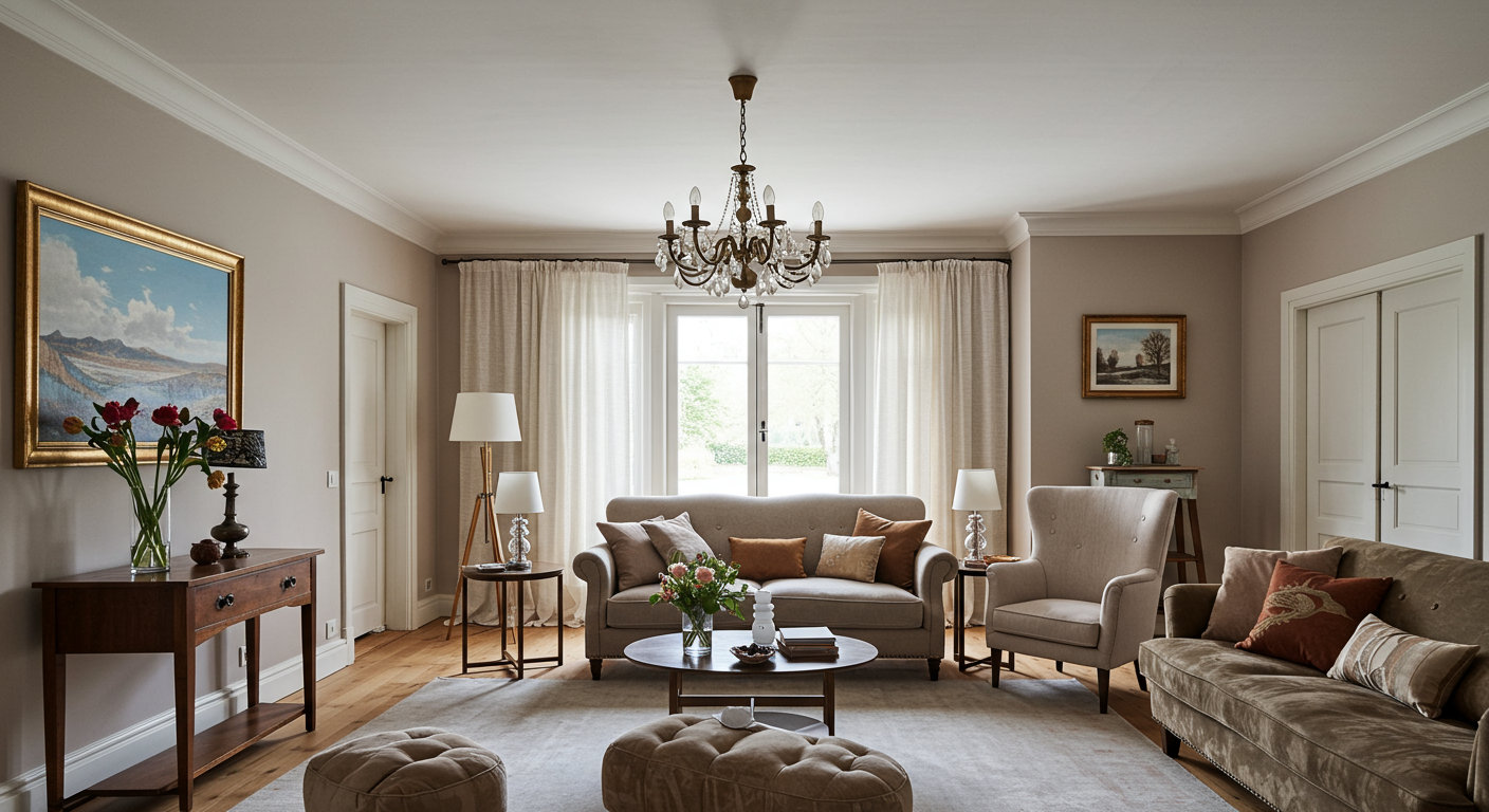 A beautifully renovated room with a smooth, modern ceiling. The room features soft lighting, elegant decor, and a cozy atmosphere to emphasize the aesthetic improvement after popcorn ceiling removal.