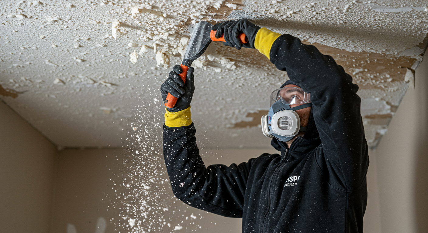 A professional worker wearing safety gear using a scraper to remove popcorn texture from a ceiling.