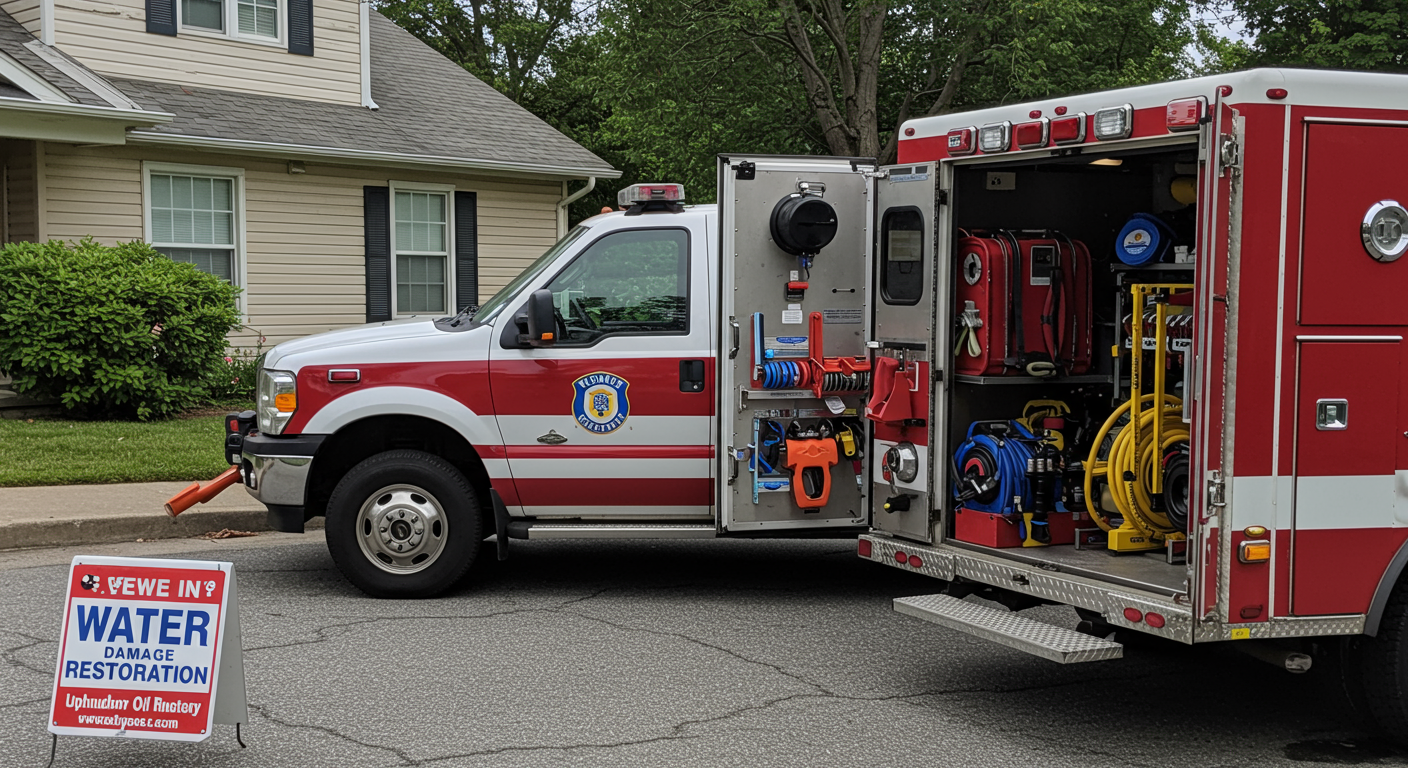An emergency response vehicle parked outside a home with a water damage sign. The vehicle is equipped with restoration tools, and the scene captures the essence of readiness and prompt service.