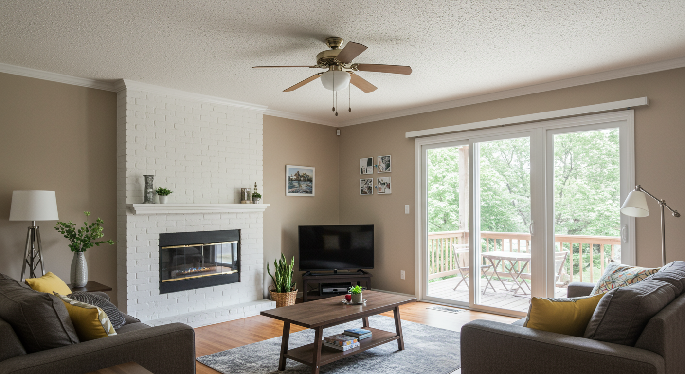 An inviting living space with a freshly painted popcorn ceiling, complemented by modern decor and furniture. The image showcases how a painted ceiling can enhance the overall ambiance of a home.