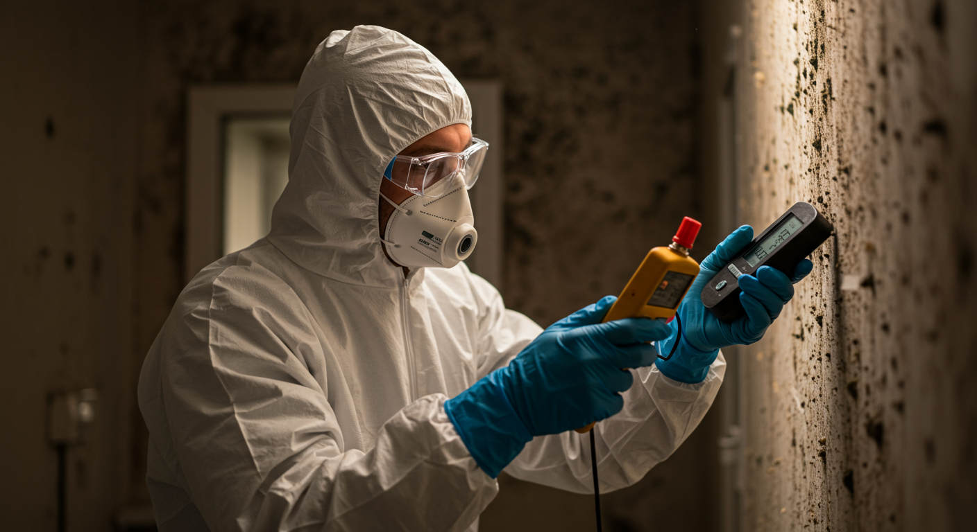 A professional mold inspector examining a wall with a moisture meter, wearing protective gear. The background shows a dimly lit room with visible mold patches on the wall.