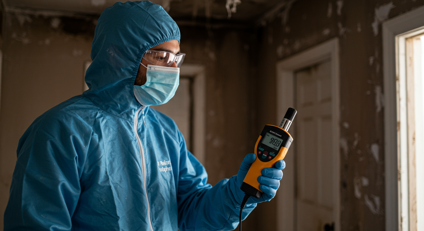 A technician inspecting a property with a moisture meter, showcasing the assessment process. The background includes visible signs of water damage, emphasizing the importance of thorough evaluations in restoration.