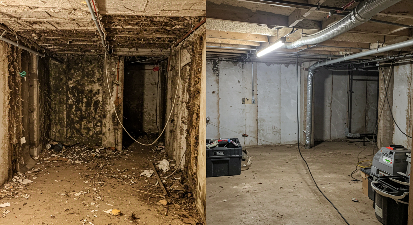A before-and-after comparison of a crawl space, showing the left side with mold and debris and the right side encapsulated and clean. This visual storytelling emphasizes the effectiveness of repair services.