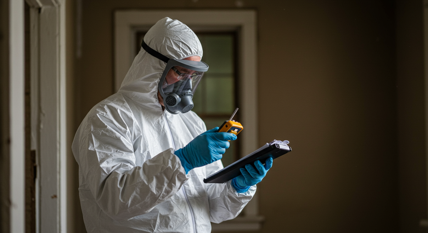 A professional asbestos abatement technician in full protective gear, carefully inspecting an older home in Lansing, MI. The technician is using a handheld device to test for asbestos, showcasing the importance of safety and expertise in the process.