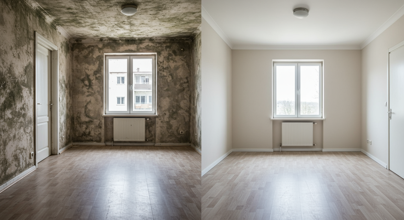A split image showing a room before and after mold remediation, with clear visual differences in cleanliness and safety.