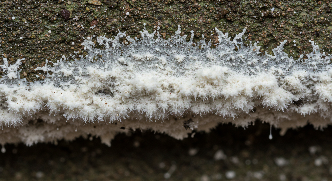 A close-up view of white mold growing on a damp wall, highlighting its texture and appearance.