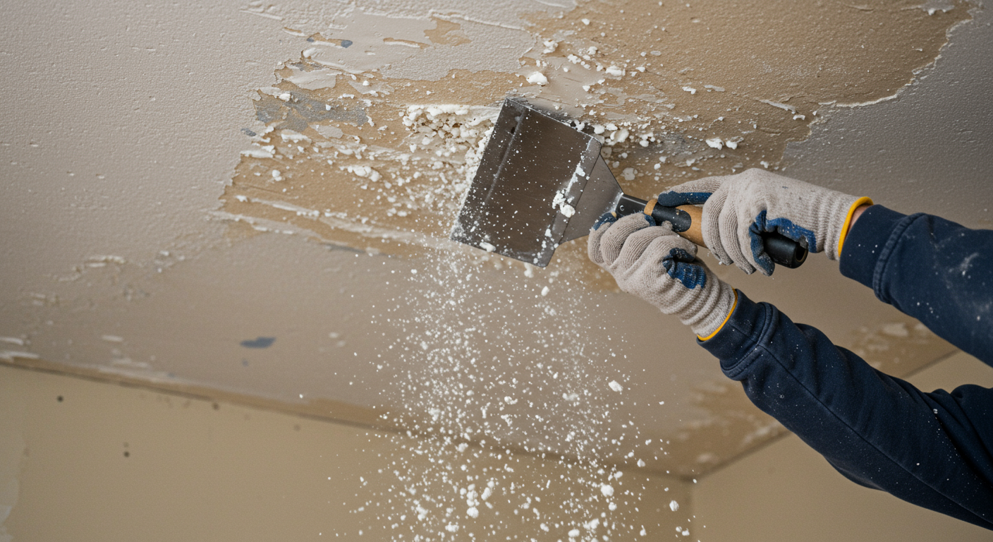 A close-up of a professional contractor using a scraper to remove popcorn texture from a ceiling. The focus is on the action of removal, with debris falling gently to the floor.