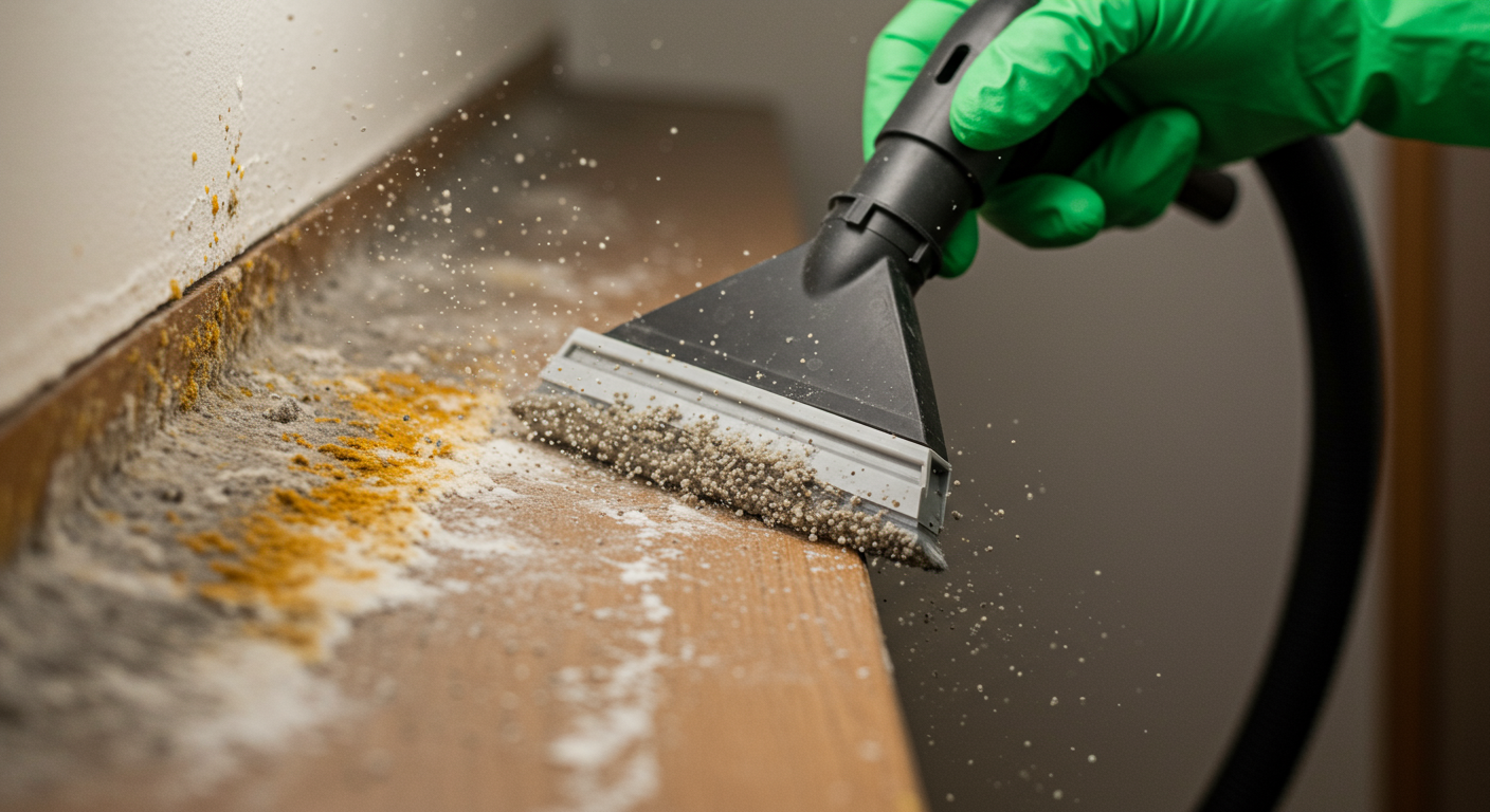 A close-up of a technician using a HEPA vacuum to remove mould from a surface, with mould spores visibly being collected.