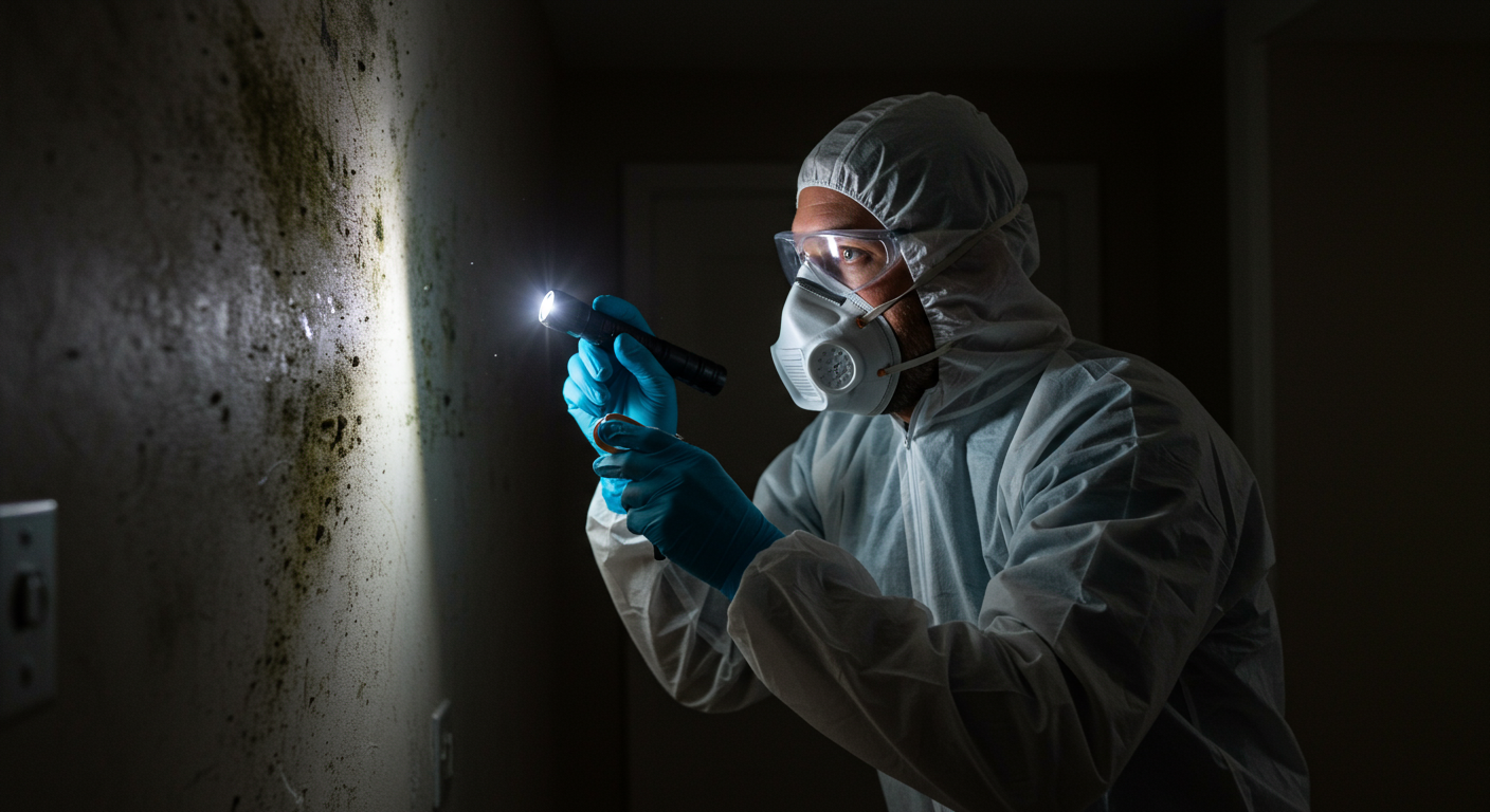 A professional mold remediation technician inspecting a home with a flashlight, looking for mold in a dark corner. The technician is wearing protective gear, including gloves and a mask, to emphasize safety.