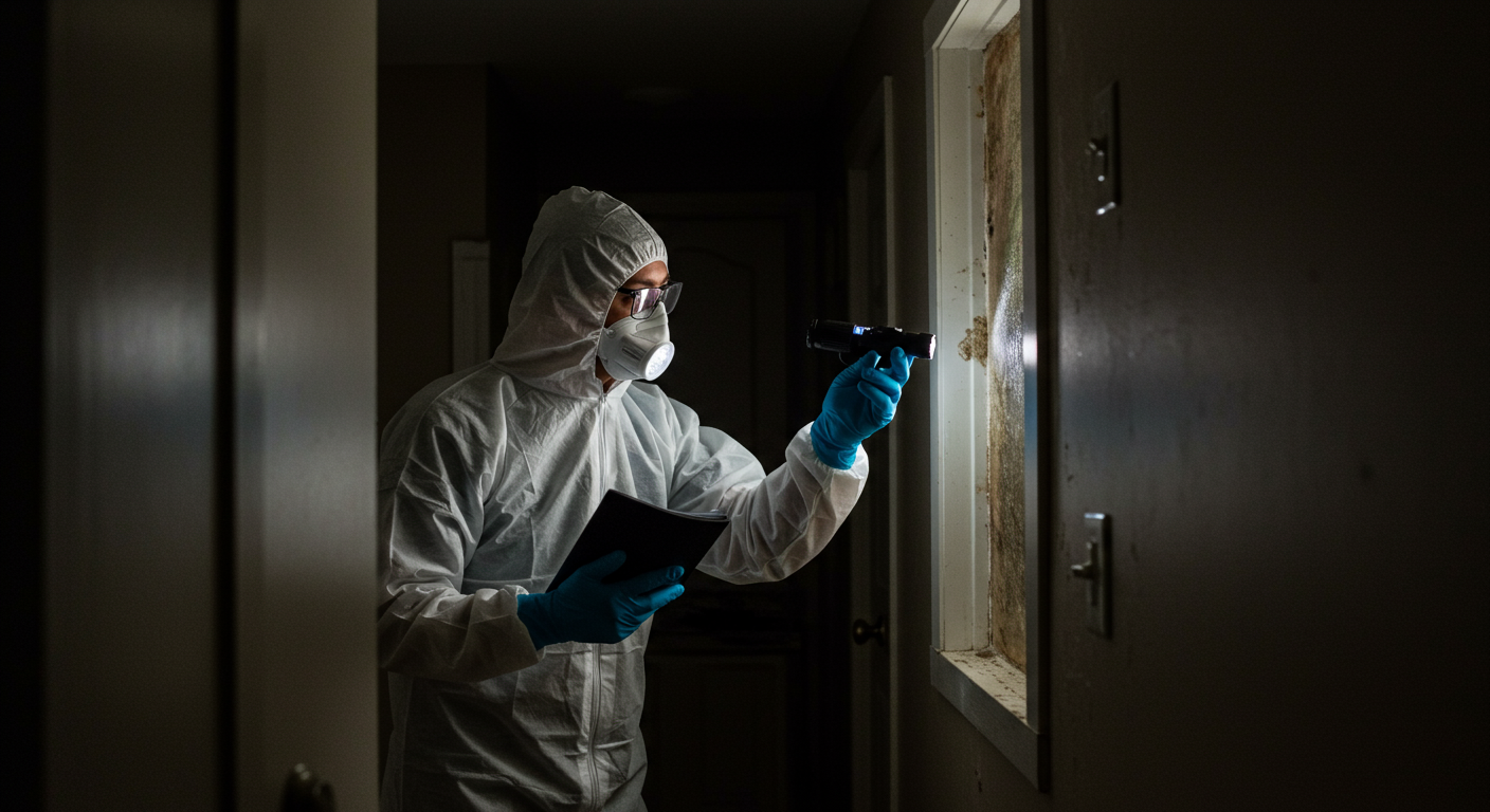 A professional mold remediation technician in protective gear inspecting a home for mold. The technician is using a flashlight to examine dark corners and surfaces.