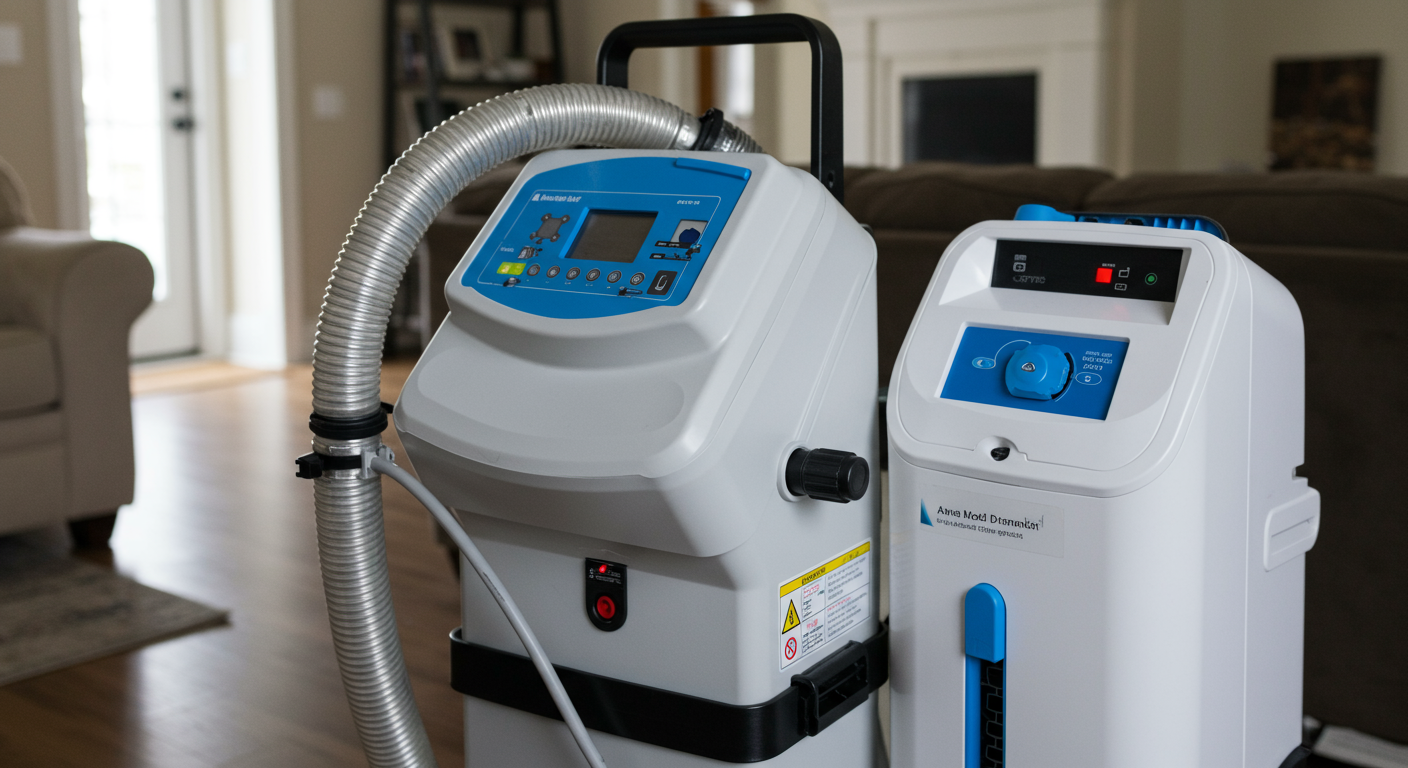 A close-up shot of advanced mold remediation equipment, such as air scrubbers and dehumidifiers, set up in a residential living room. The background shows a clean, well-lit space, emphasizing the effectiveness of the equipment.