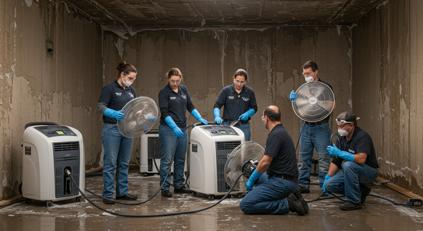 A team of restoration professionals working together to dry out a water-damaged area using fans and dehumidifiers. The team is actively engaged in the restoration process.