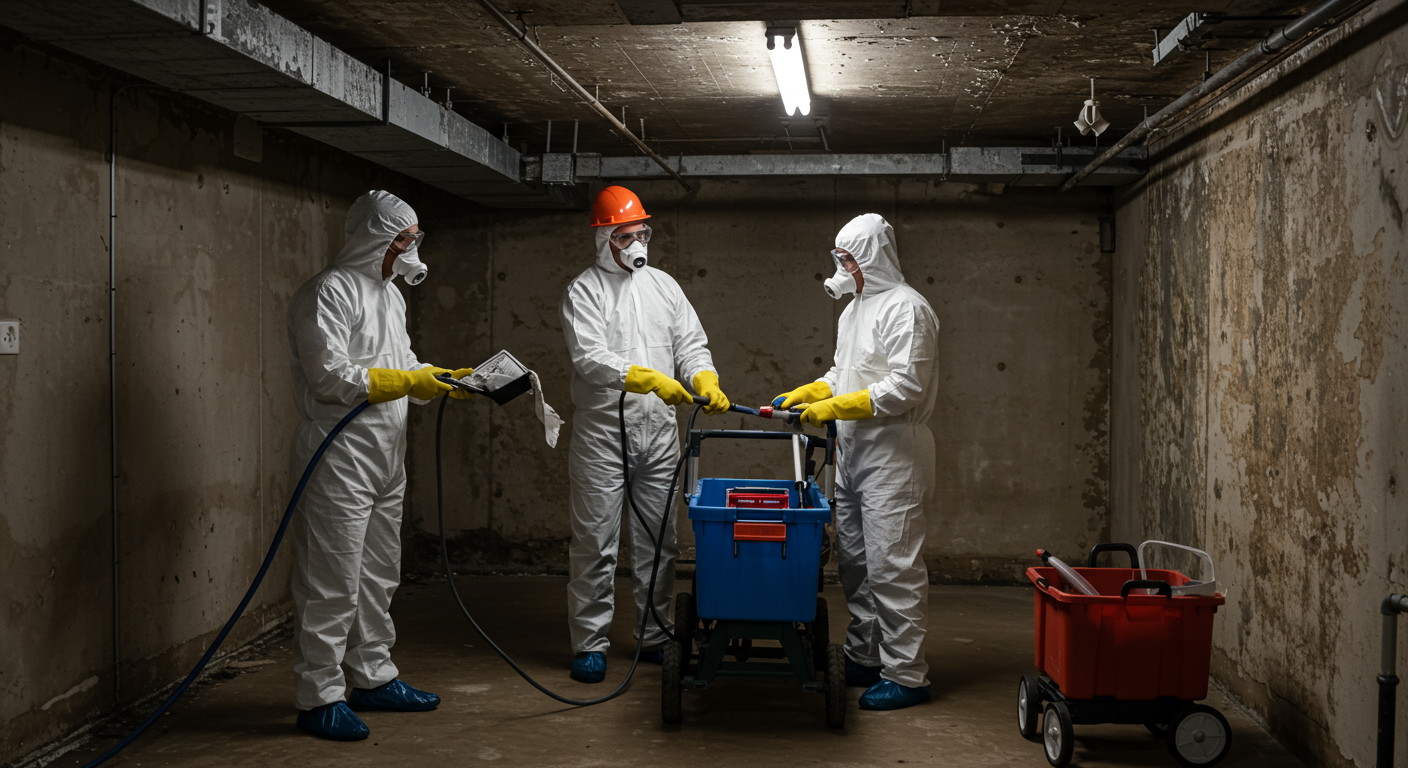 A team of professional cleaners in protective gear working together to remove mold from a basement. The image captures teamwork and professionalism in mold remediation.